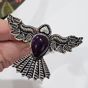 Handmade Amethyst Gem 925 Unisex Bird Design Goth Punk Vintage Ring